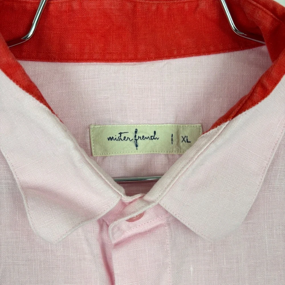 Mister French Mens XL Pink Linen Long Sleeve Button Down Shirt Red Collar Accent - Picture 2 of 8